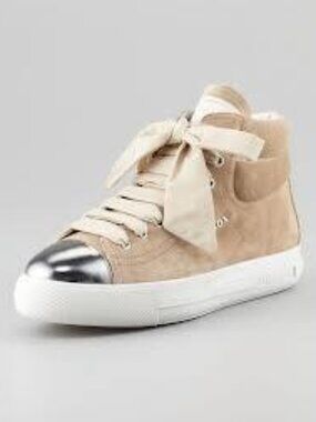 PRADA Beige Suede Ribbon High Top Metallic Cap Toe Lace Up Sneakers Shoes